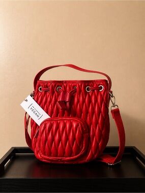 Vegan Leather Quilted Crossbody Bucket Bag